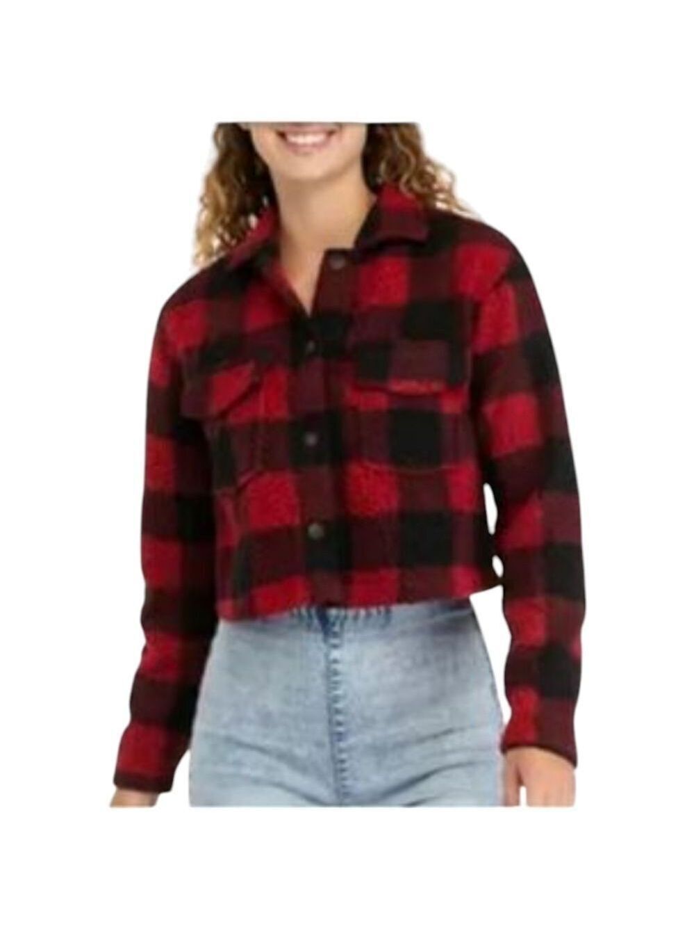 Love,Fire Jacket Plaid Zipper Cropped Red Black Fleece Size 1X